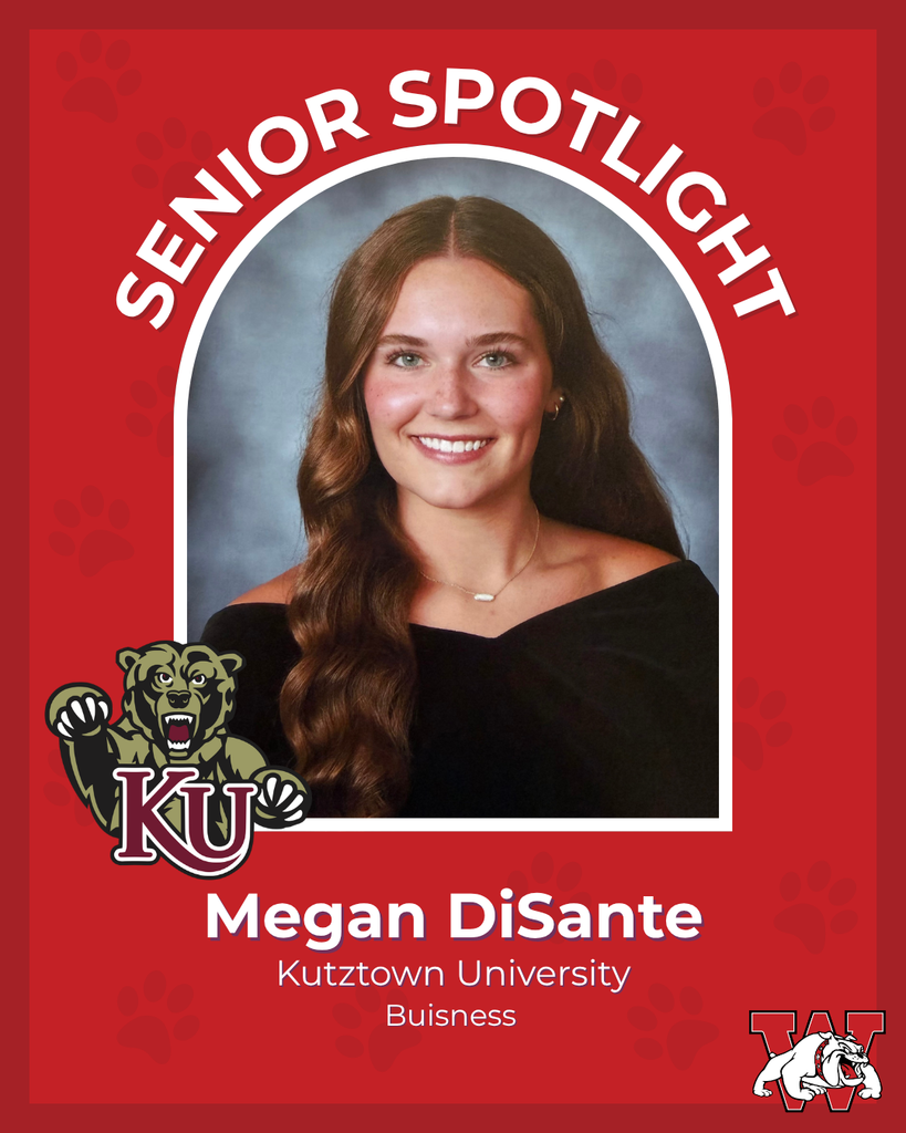 red graphic with paw prints with a students photo in the middle with their college logo in the corner along with their major and then a wilson logo on the other corner megan disante kutztown univeristy buisness