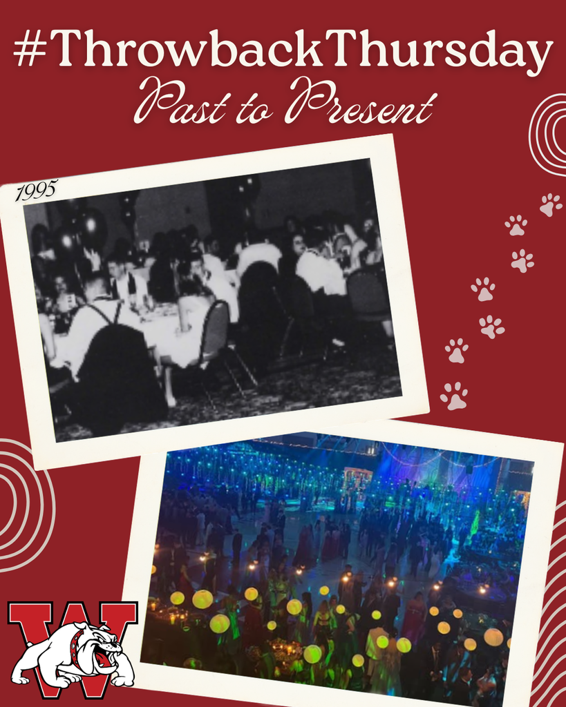 A red “#ThrowbackThursday: Past to Present” graphic comparing two event scenes. The top image, labeled “1995,” is a black-and-white photo of people seated at round banquet tables in a dimly lit room. Below it is a modern, colorful event scene with a large crowd standing under blue and green lighting, glowing lanterns, and a lively atmosphere. Paw print graphics run along the right side, and a bulldog “W” logo appears in the bottom left corner.
