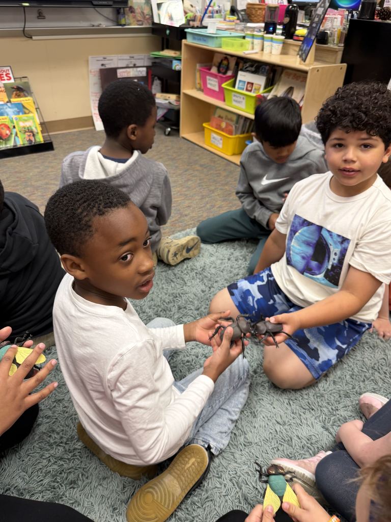 two boys sitting on rug holding fake spiders