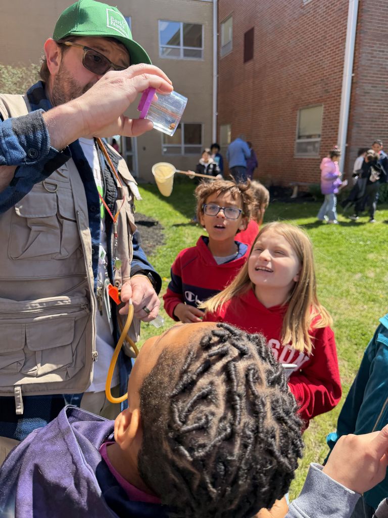students looking at small container with bug inside with adult outside