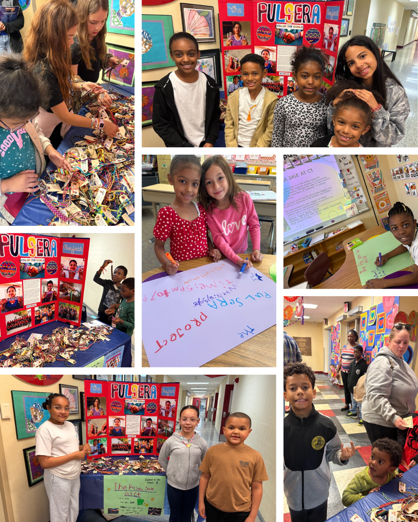 collage of students in front of poster that says pulsera and table with bracelets on it