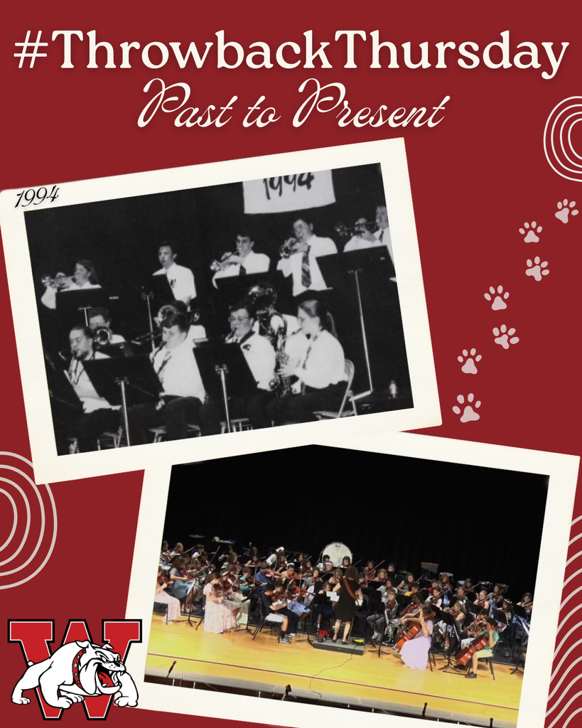 A red graphic for #ThrowbackThursday titled “Past to Present” featuring two overlapping photos of school band/orchestra performances. The top black-and-white photo from 1994 shows students playing brass and woodwind instruments on stage. The bottom color photo shows a modern-day orchestra performing on stage with a conductor. White paw prints and circular design accents decorate the background, with a bulldog logo in the bottom left corner.