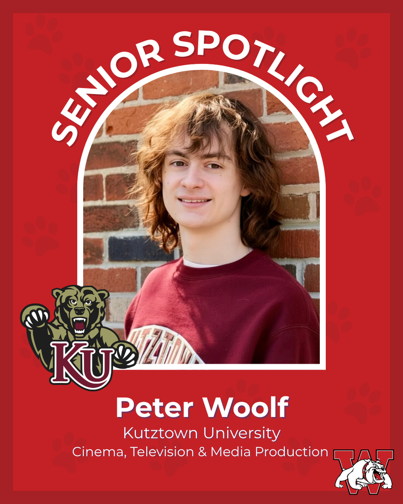 red graphic with paw prints with a students photo in the middle with their college logo in the corner along with their major and then a wilson logo on the other corner peter woolf kutztown university cinema television and media production