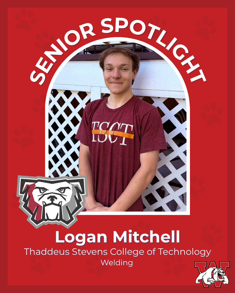 red graphic with paw prints with a students photo in the middle with their college logo in the corner along with their major and then a wilson logo on the other corner logan mitchell thaddeus stevens college of technology welding