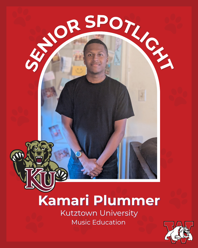 red graphic with paw prints with a students photo in the middle with their college logo in the corner along with their major and then a wilson logo on the other corner kamari plummer kutztown univeristy music education