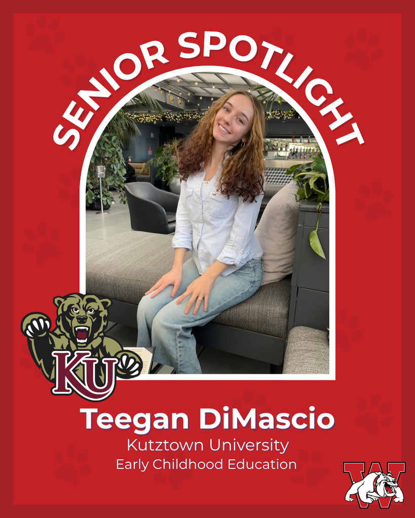 red graphic with paw prints with a students photo in the middle with their college logo in the corner along with their major and then a wilson logo on the other corner teegan dimascio kutztown university early childhood education