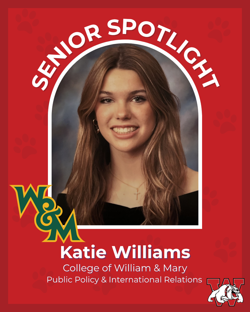 red graphic with paw prints with a students photo in the middle with their college logo in the corner along with their major and then a wilson logo on the other corner katie williams college of william and mary public policy and international relations