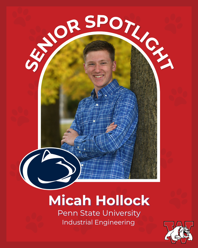red graphic with paw prints with a students photo in the middle with their college logo in the corner along with their major and then a wilson logo on the other corner micah hollock penn state university industrial engeneering