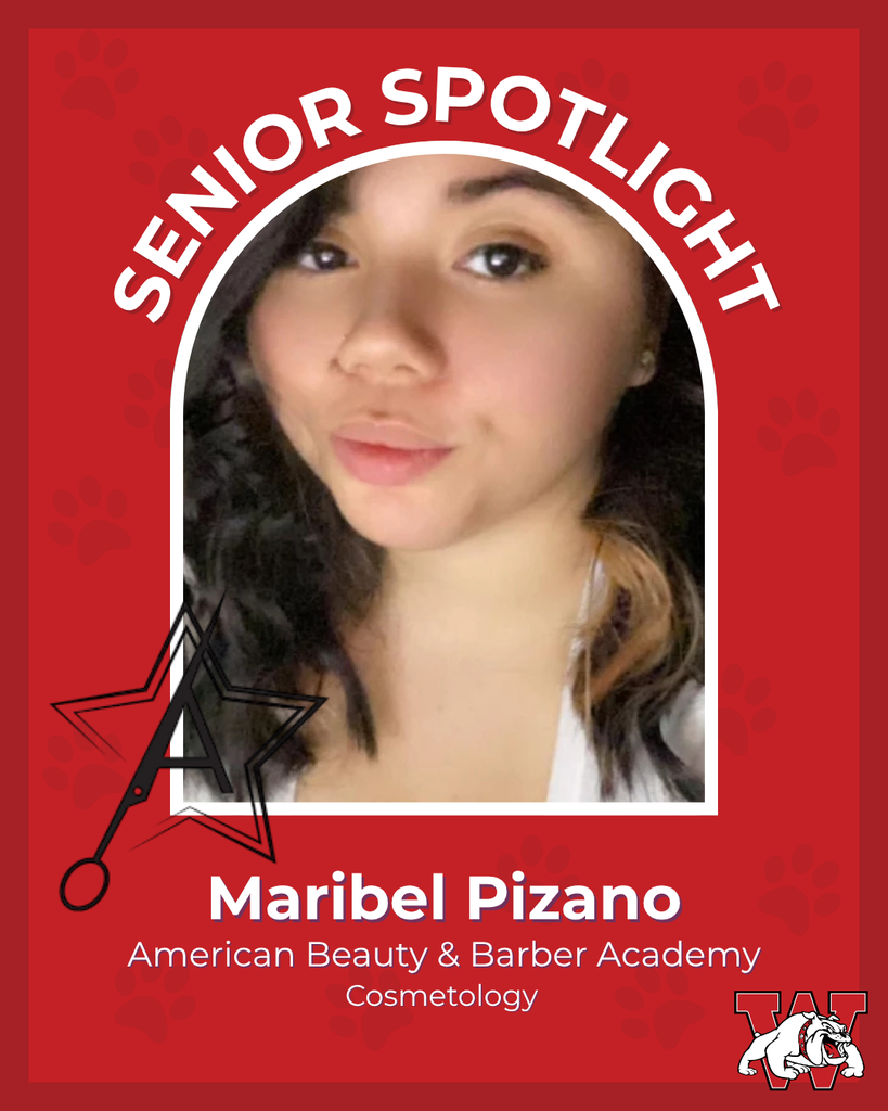 red graphic with paw prints with a students photo in the middle with their college logo in the corner along with their major and then a wilson logo on the other corner maribel pizano americain beauty and barber academy cosmetology