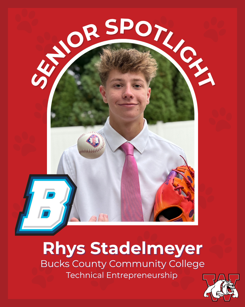 red graphic with paw prints with a students photo in the middle with their college logo in the corner along with their major and then a wilson logo on the other corner rhys stadelmeyer bucks county community college technical enterprenuship