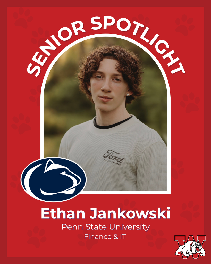red graphic with paw prints with a students photo in the middle with their college logo in the corner along with their major and then a wilson logo on the other corner ethan jankawski penn state university finance and IT