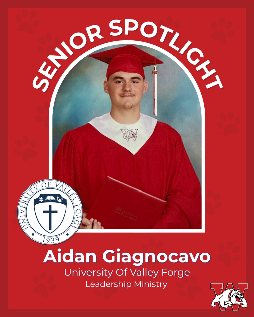 red graphic with paw prints with a students photo in the middle with their college logo in the corner along with their major and then a wilson logo on the other corner aidan gianocavo university of valley forge leadership ministry