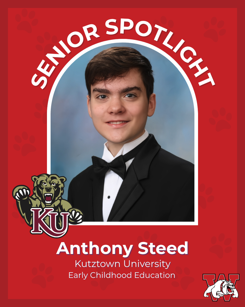 red graphic with paw prints with a students photo in the middle with their college logo in the corner along with their major and then a wilson logo on the other corner anthony steed kutztown university early childhood education