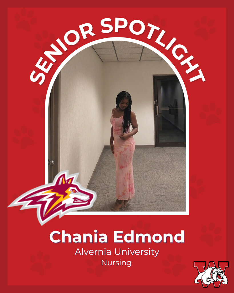 red graphic with paw prints with a students photo in the middle with their college logo in the corner along with their major and then a wilson logo on the other corner chania edmond alvernia university nursing