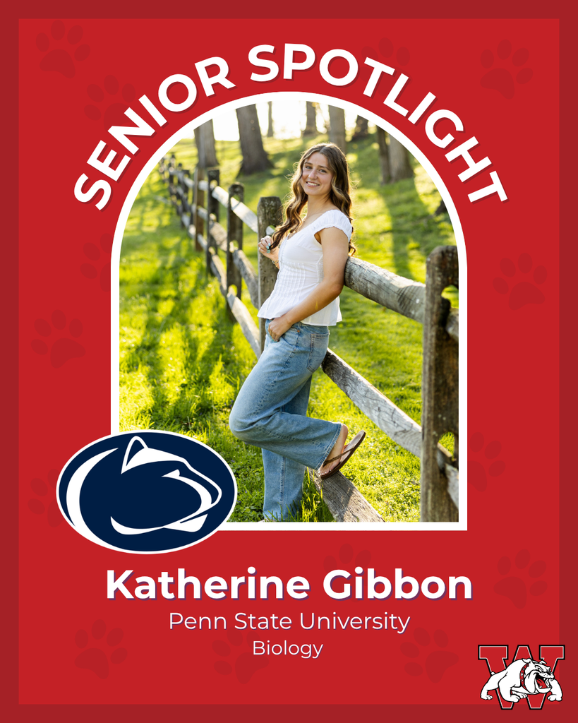 red graphic with paw prints with a students photo in the middle with their college logo in the corner along with their major and then a wilson logo on the other corner katherine gibbon penn state university biology