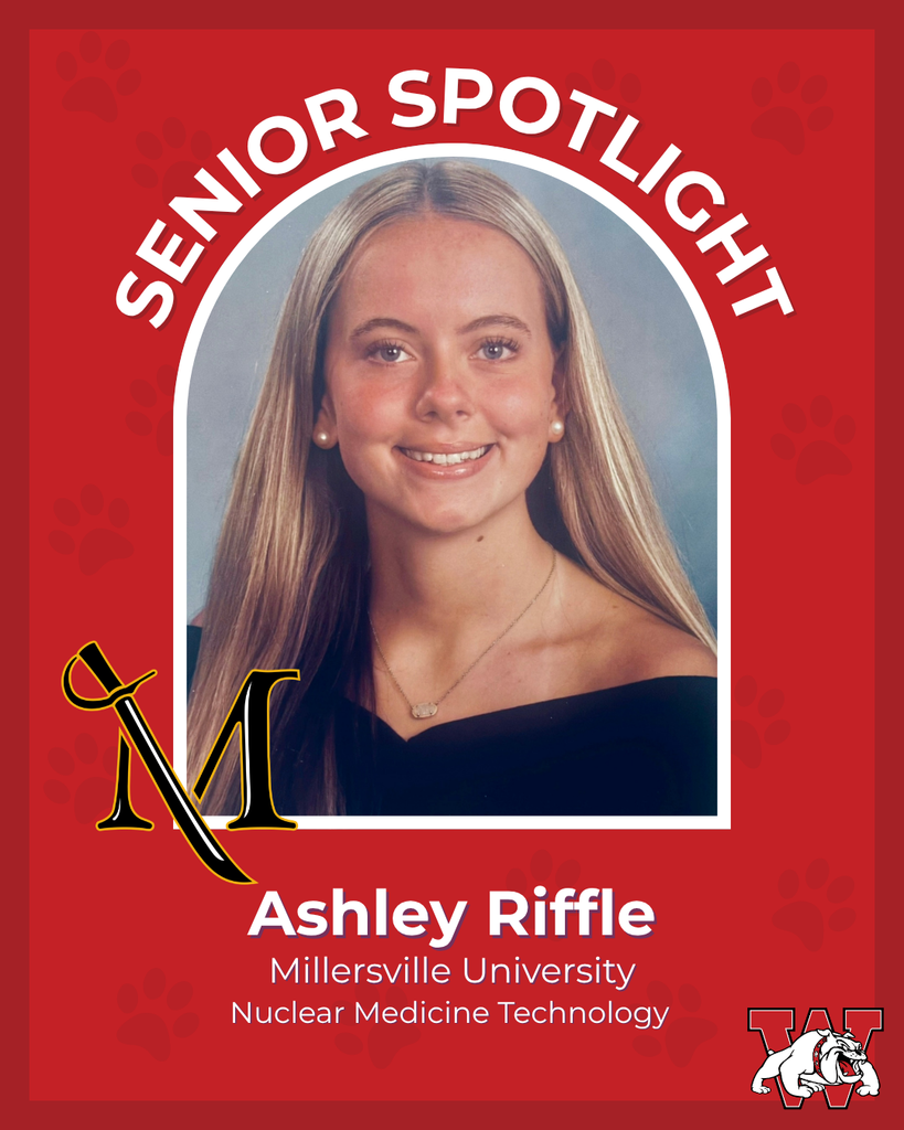 red graphic with paw prints with a students photo in the middle with their college logo in the corner along with their major and then a wilson logo on the other corner ashe=ley riffle millersville university nulear medicine technology