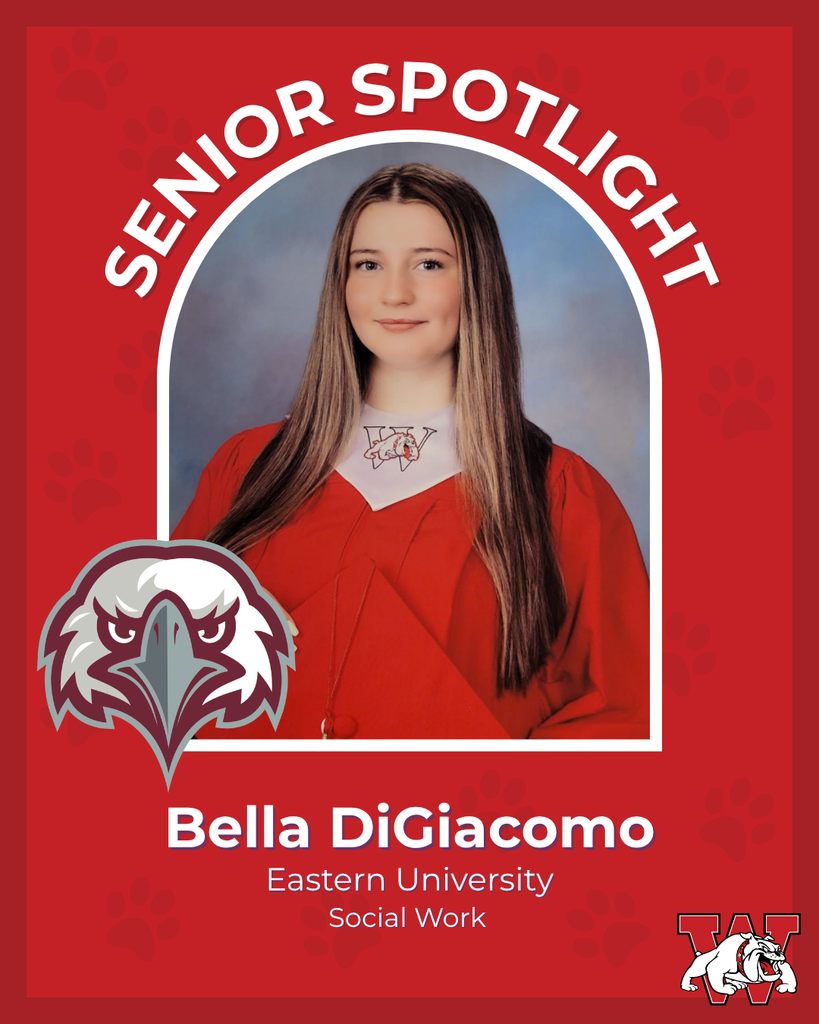 red graphic with paw prints with a students photo in the middle with their college logo in the corner along with their major and then a wilson logo on the other corner bella digiancomo eastern university social work