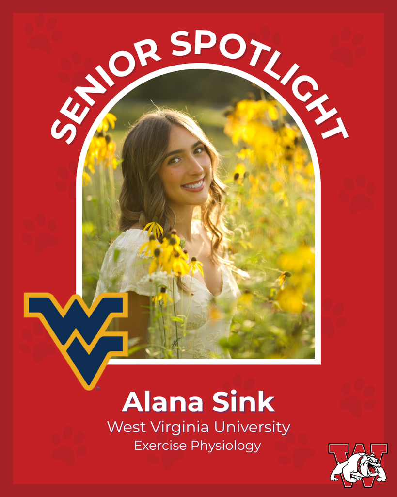 red graphic with paw prints with a students photo in the middle with their college logo in the corner along with their major and then a wilson logo on the other corner alana sink west virginia university exercise physiology