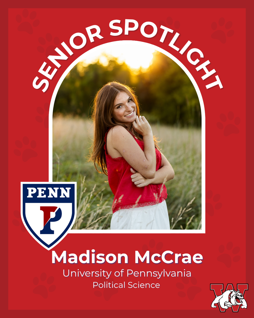 red graphic with paw prints with a students photo in the middle with their college logo in the corner along with their major and then a wilson logo on the other corner madision mccrae univeristy of pennsylnvaia political sciene