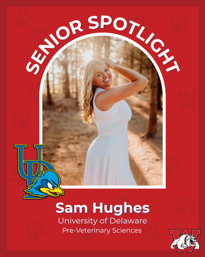 red graphic with paw prints with a students photo in the middle with their college logo in the corner along with their major and then a wilson logo on the other corner sam hughes university of delaware pre veterinary sciences
