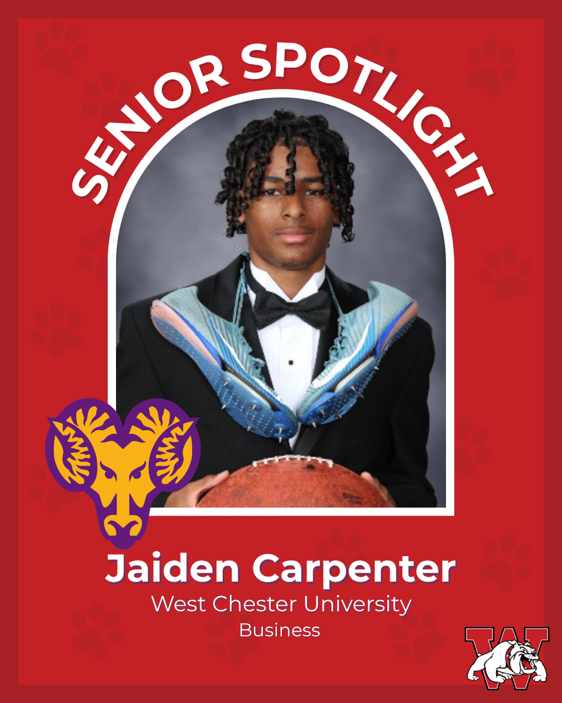 red graphic with paw prints with a students photo in the middle with their college logo in the corner along with their major and then a wilson logo on the other corner jaiden carpenter west chester university buisness
