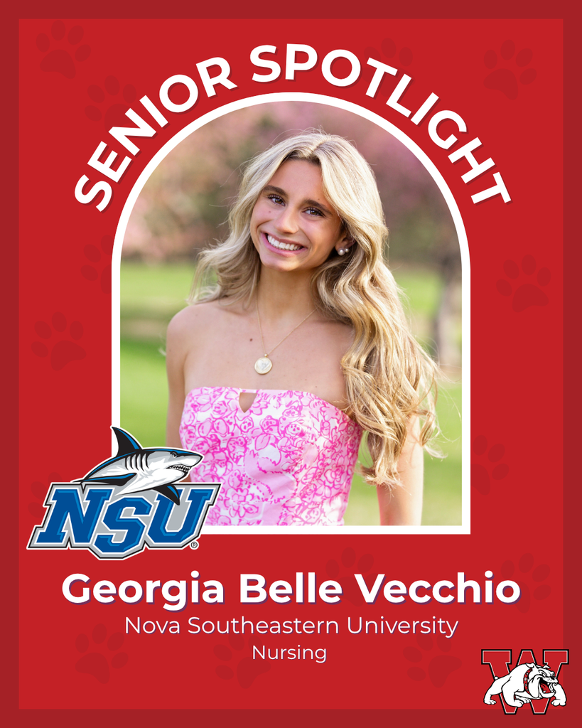 red graphic with paw prints with a students photo in the middle with their college logo in the corner along with their major and then a wilson logo on the other corner georgia belle vecchio nava southeastern univeristy nursing