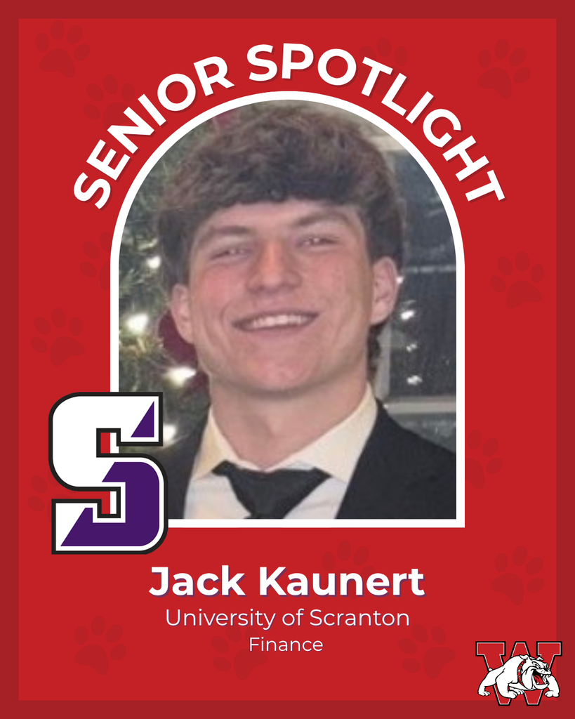 red graphic with paw prints with a students photo in the middle with their college logo in the corner along with their major and then a wilson logo on the other corner jack kaunert university of scranton finance