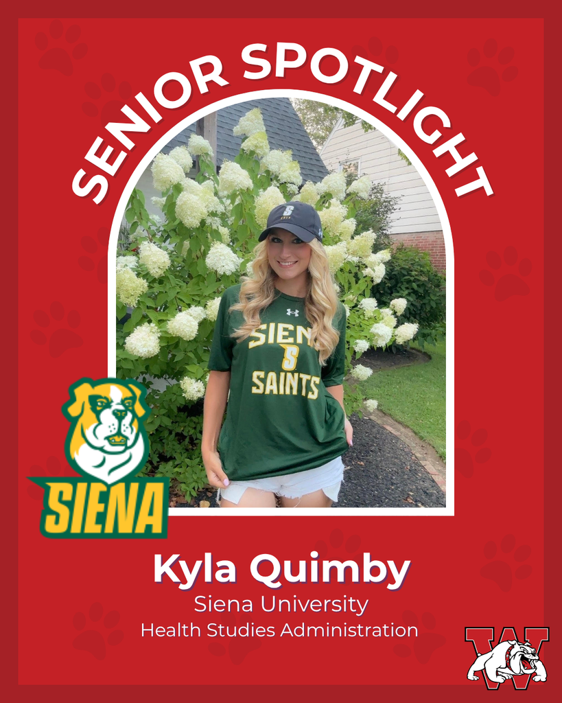 red graphic with paw prints with a students photo in the middle with their college logo in the corner along with their major and then a wilson logo on the other corner kyla quimby siena unvieristy health studies admisinstration
