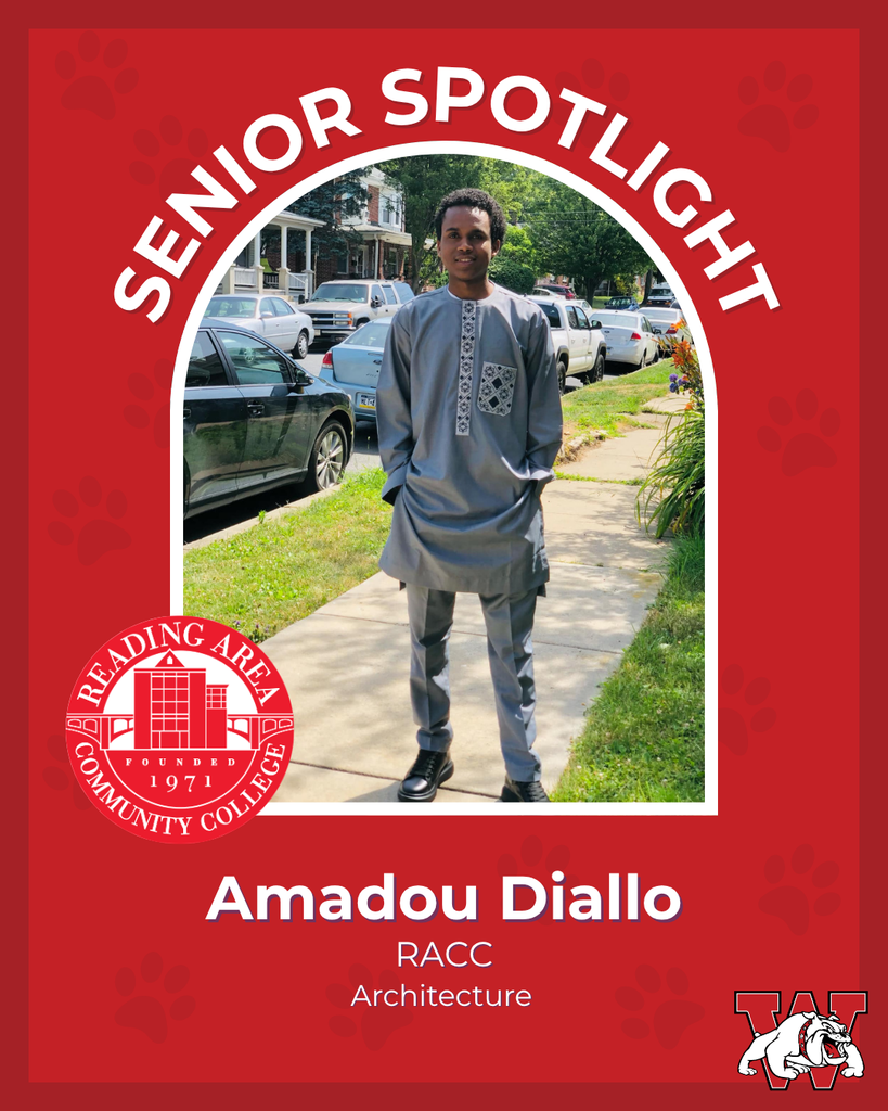 red graphic with paw prints with a students photo in the middle with their college logo in the corner along with their major and then a wilson logo on the other corner amadou diallo RACC architecture