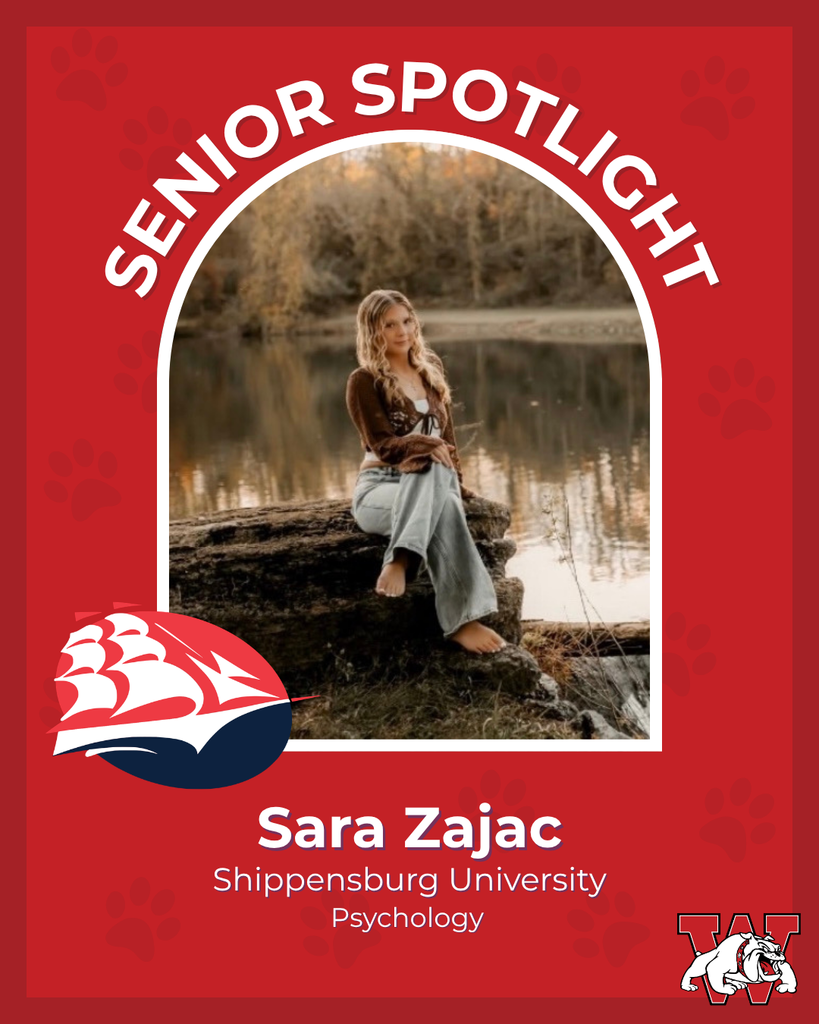 red graphic with paw prints with a students photo in the middle with their college logo in the corner along with their major and then a wilson logo on the other corner sara zajac shippensburg univeristy psycology