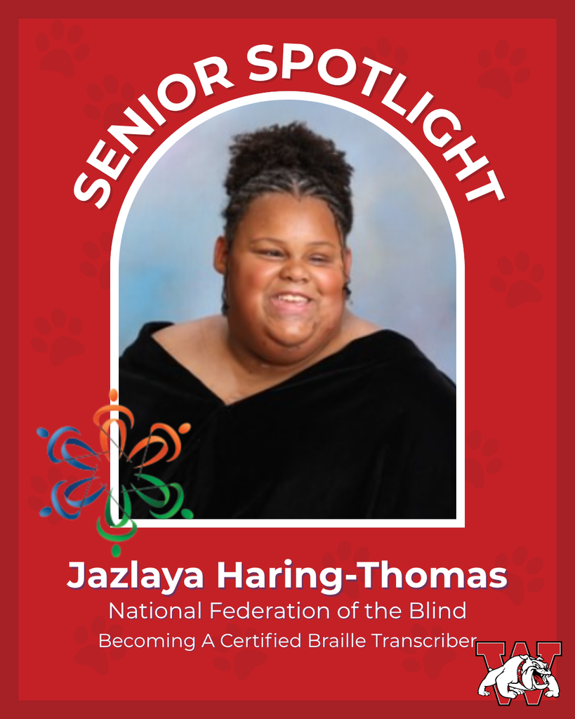 red graphic with paw prints with a students photo in the middle with their college logo in the corner along with their major and then a wilson logo on the other corner jaclaya haring thomas national federation of the blind becoming a certified braille transcriber