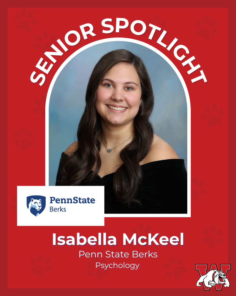 red graphic with paw prints with a students photo in the middle with their college logo in the corner along with their major and then a wilson logo on the other corner isabella mckeel penn state berks psycology