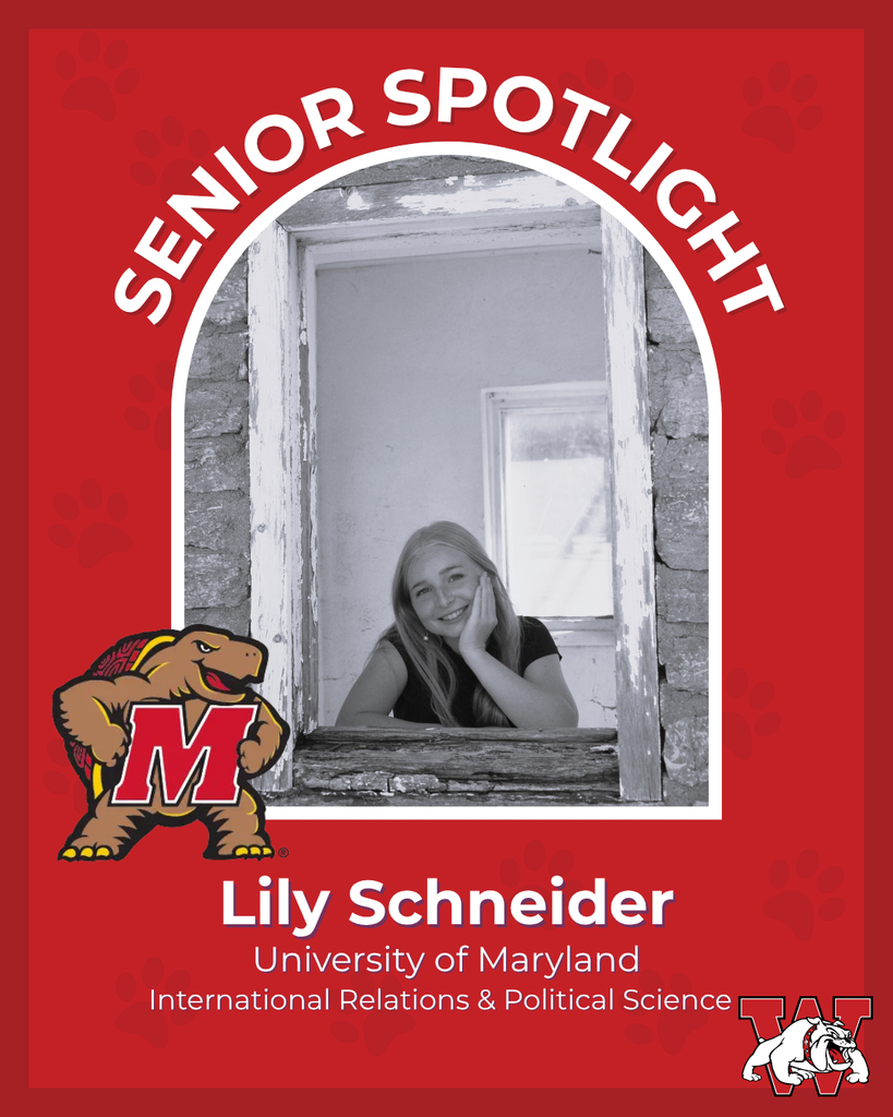 red graphic with paw prints with a students photo in the middle with their college logo in the corner along with their major and then a wilson logo on the other corner lily schnider univeristy of maryland international relations and political sciecne