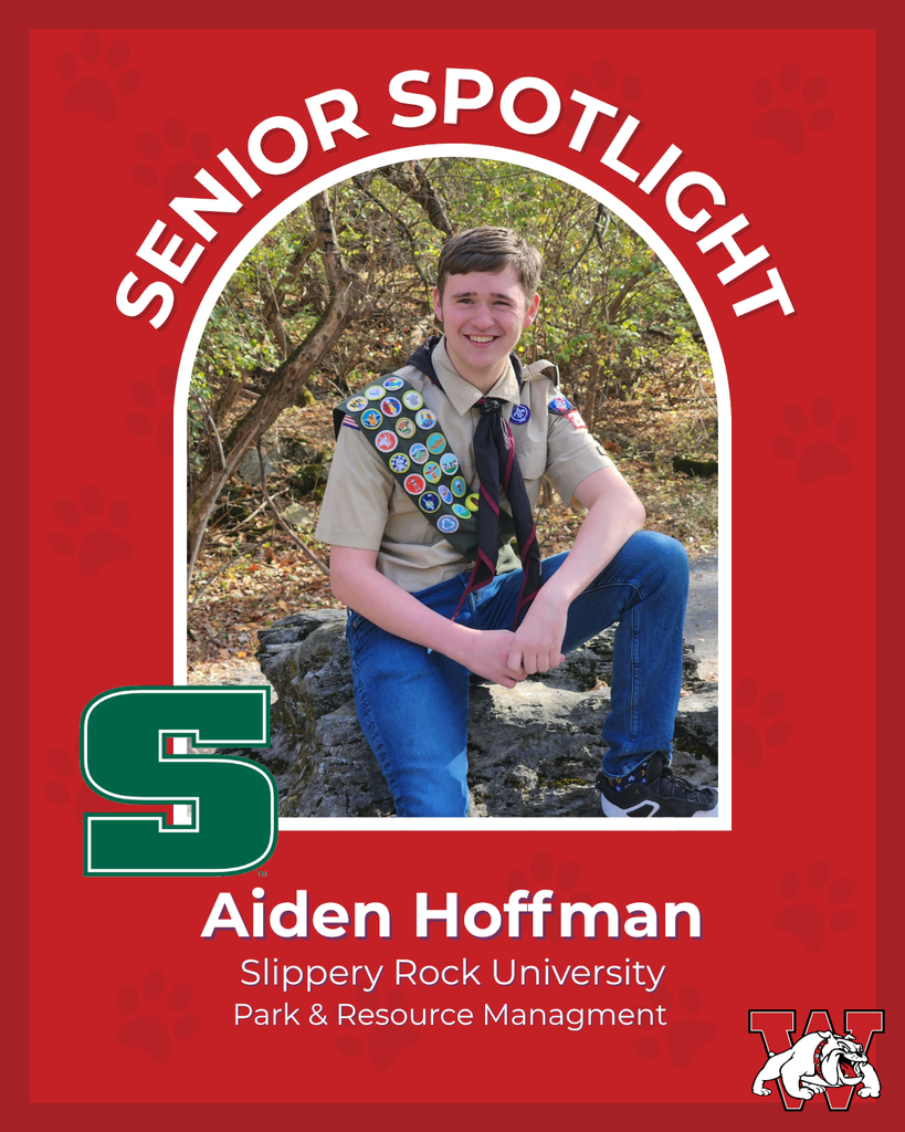 red graphic with paw prints with a students photo in the middle with their college logo in the corner along with their major and then a wilson logo on the other corner aiden hoffman slippery rock unvieristy park and resource managment