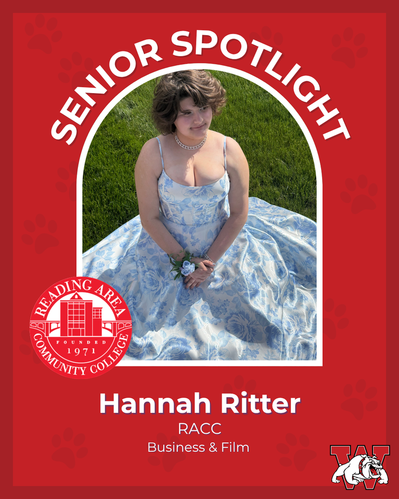 red graphic with paw prints with a students photo in the middle with their college logo in the corner along with their major and then a wilson logo on the other corner hannah ritter RACC buisness and film