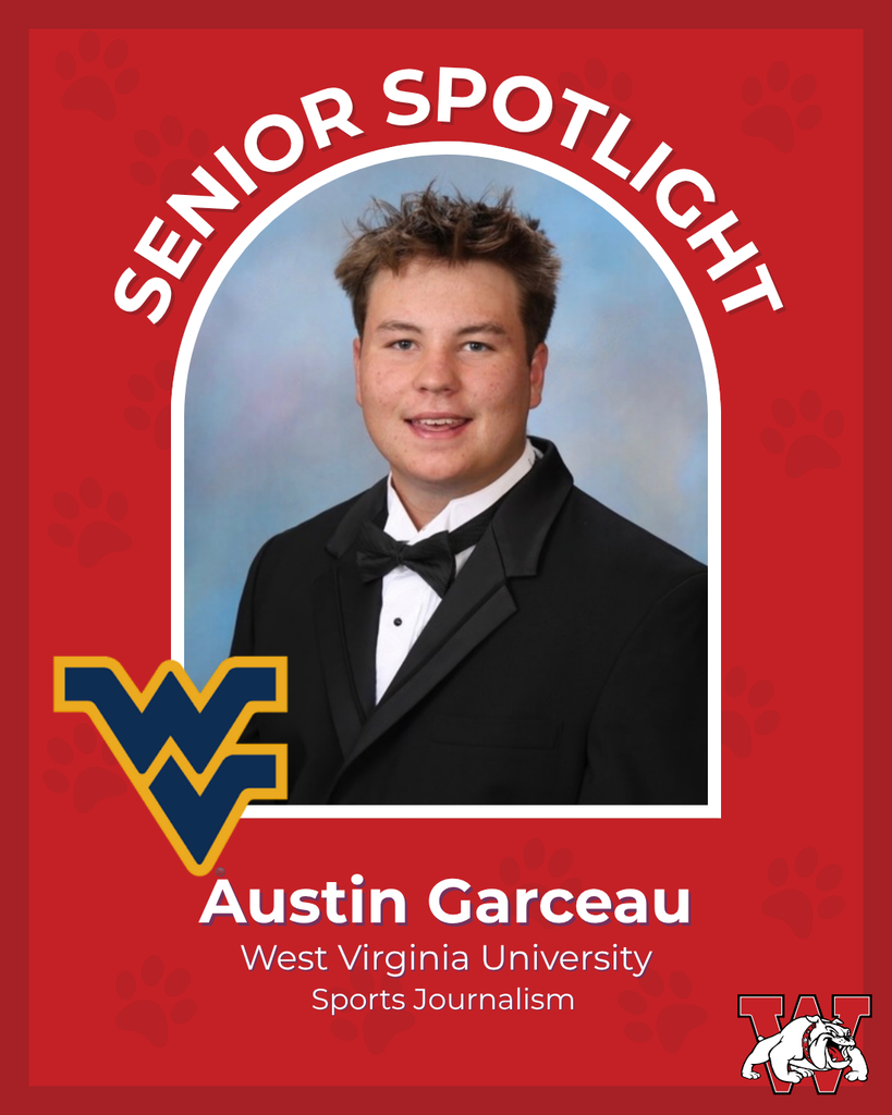 red graphic with paw prints with a students photo in the middle with their college logo in the corner along with their major and then a wilson logo on the other corner austin garceau west virginia university sports journalism
