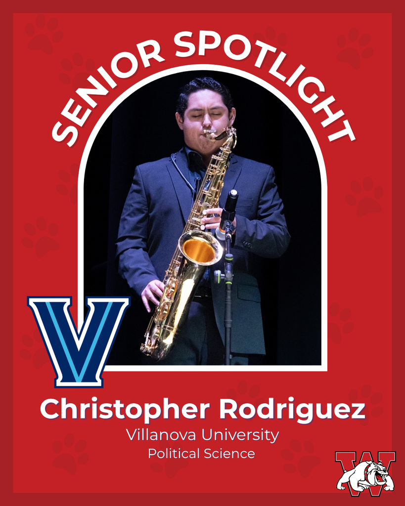 red graphic with paw prints with a students photo in the middle with their college logo in the corner along with their major and then a wilson logo on the other corner christopher rodrigues villanova unvieristy political science