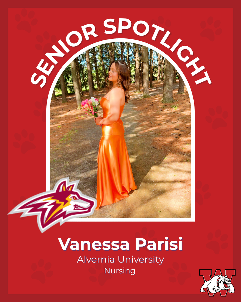 red graphic with paw prints with a students photo in the middle with their college logo in the corner along with their major and then a wilson logo on the other corner vanessa parisi alvernia univeristy nursing