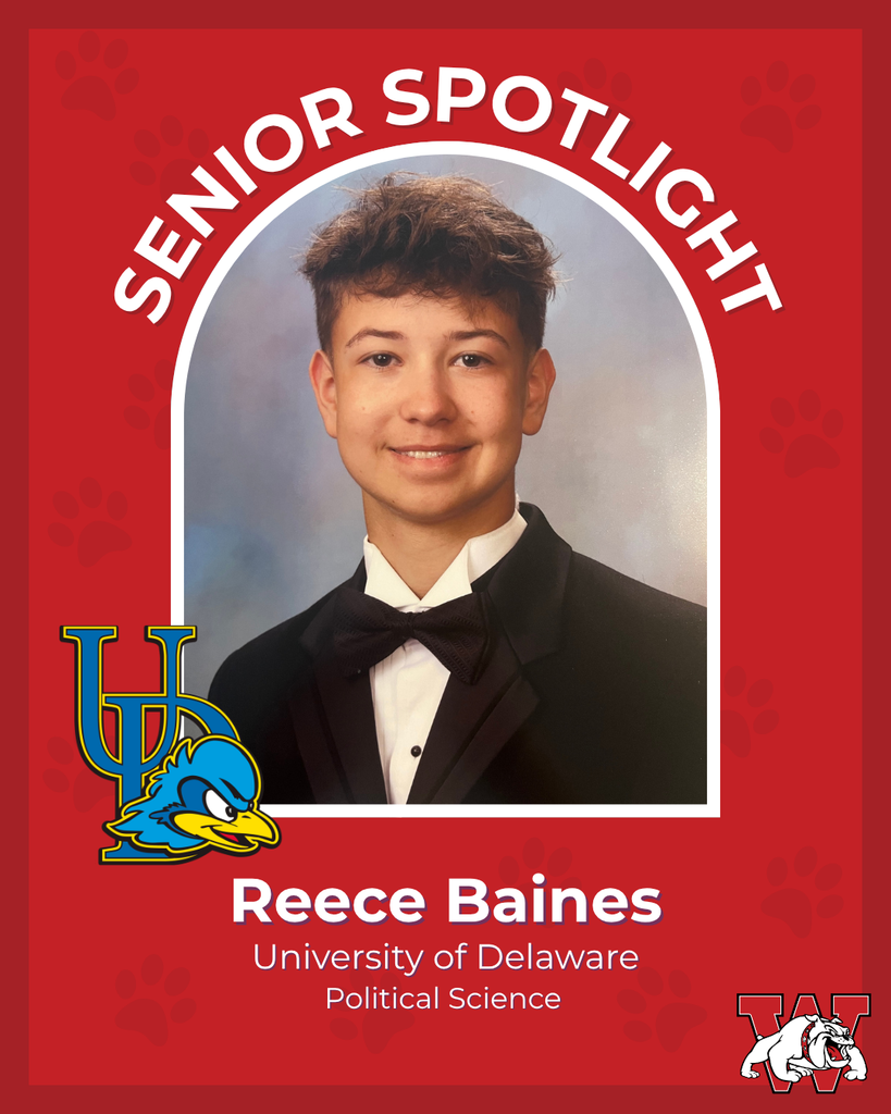 red graphic with paw prints with a students photo in the middle with their college logo in the corner along with their major and then a wilson logo on the other corner reece baines univeristy of delaware political science