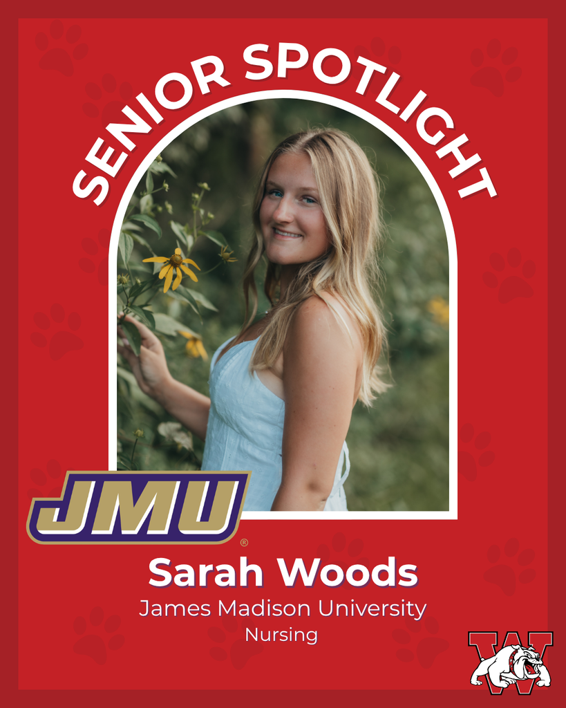 red graphic with paw prints with a students photo in the middle with their college logo in the corner along with their major and then a wilson logo on the other corner sarah woods james madison university nursing