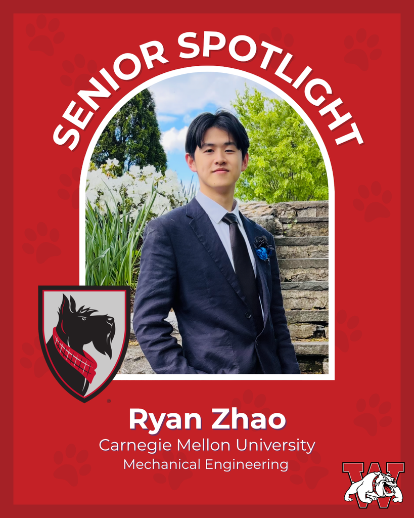red graphic with paw prints with a students photo in the middle with their college logo in the corner along with their major and then a wilson logo on the other corner ryan zhao carnegie mellon univeristy mechanical engineering
