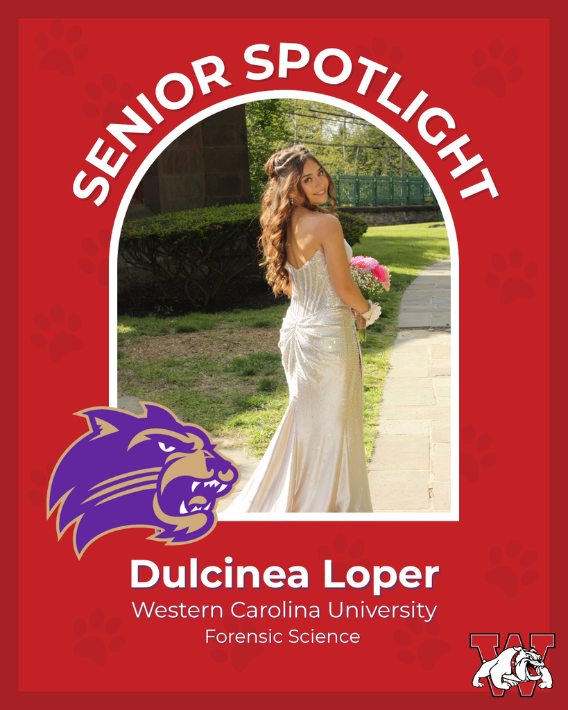 red graphic with paw prints with a students photo in the middle with their college logo in the corner along with their major and then a wilson logo on the other corner dulcinea loper western carolina unviersity forensic science