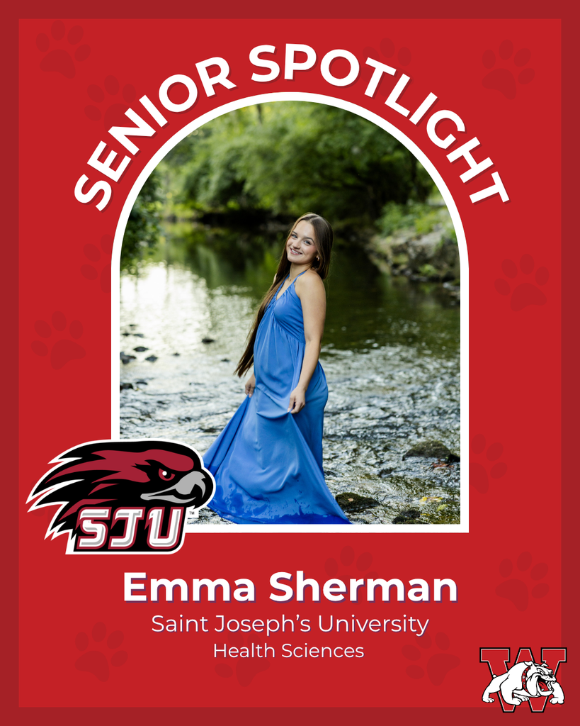 red graphic with paw prints with a students photo in the middle with their college logo in the corner along with their major and then a wilson logo on the other corner emma sherman saint josephs university health sciences