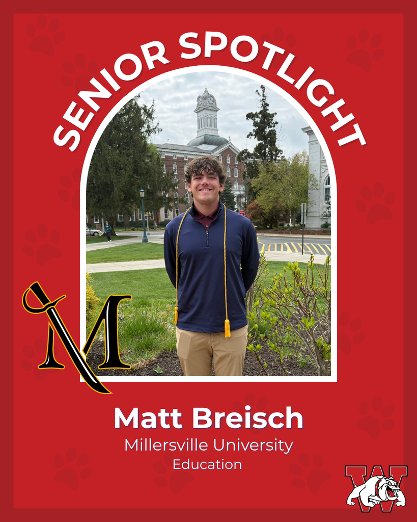 red graphic with paw prints with a students photo in the middle with their college logo in the corner along with their major and then a wilson logo on the other corner matt breisch millersville university education
