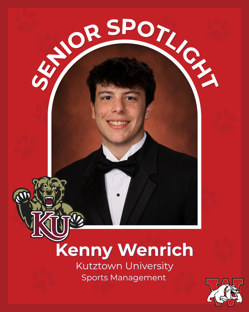 red graphic with paw prints with a students photo in the middle with their college logo in the corner along with their major and then a wilson logo on the other corner kenny wenrich kutztown university sports managmemnt