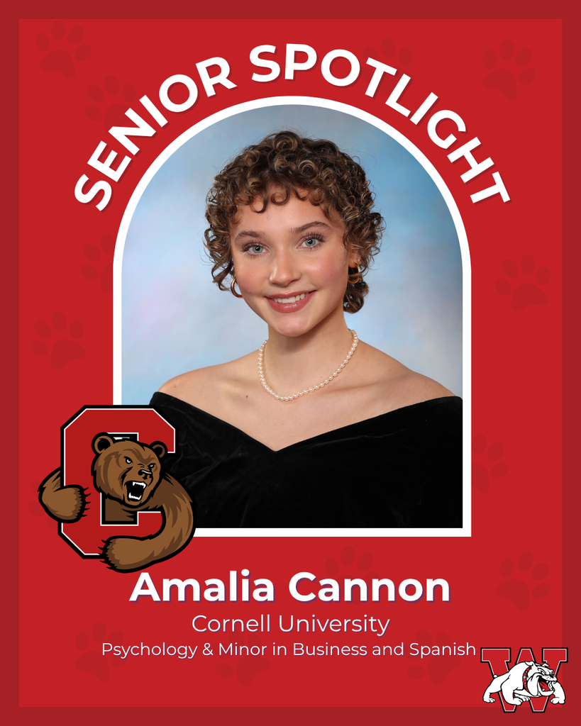 red graphic with paw prints with a students photo in the middle with their college logo in the corner along with their major and then a wilson logo on the other corner amalia cannon cornell university psycology and minor in buisness and spanish
