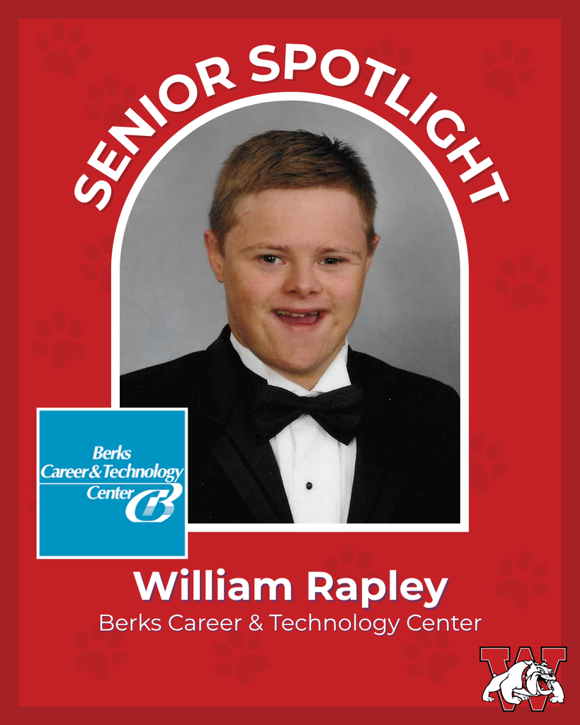 red graphic with paw prints with a students photo in the middle with their college logo in the corner along with their major and then a wilson logo on the other corner william rapley berks career and technology center