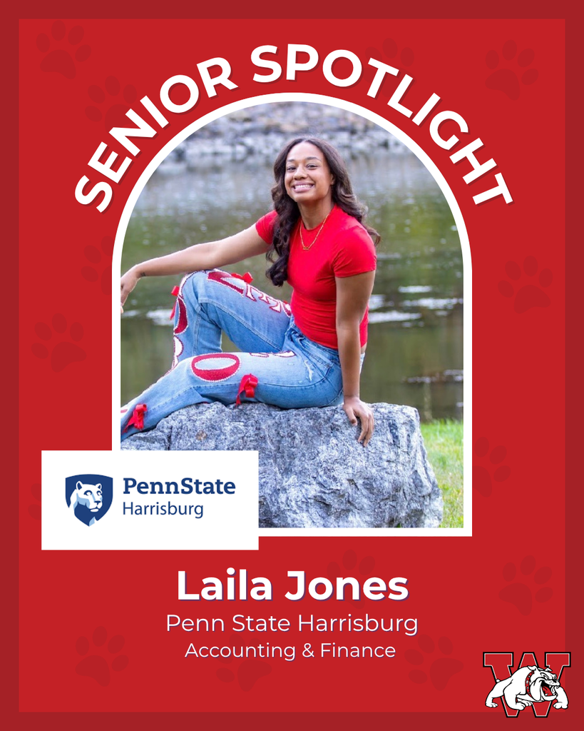 red graphic with paw prints with a students photo in the middle with their college logo in the corner along with their major and then a wilson logo on the other corner laila jones penn state harrisburg accounting and finance