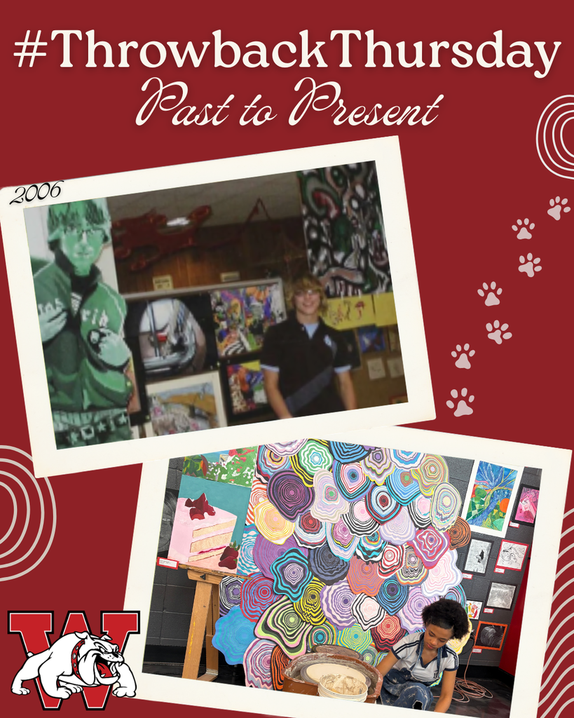 A red and white #ThrowbackThursday graphic comparing past and present student artwork. The top of the graphic reads “#ThrowbackThursday” with “Past to Present” underneath in cursive lettering. Two polaroid-style photos are layered diagonally across the design. The top photo, labeled “2006,” shows a student standing beside colorful artwork and paintings displayed indoors. The bottom photo shows a present-day student working on a pottery wheel in front of a vibrant wall of abstract and colorful art pieces. White paw print and circular design accents decorate the background, and a large Wilson bulldog logo appears in the bottom left corner.
