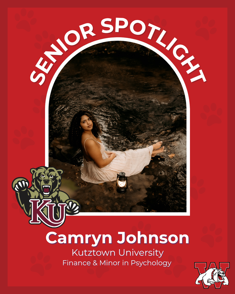 red graphic with paw prints with a students photo in the middle with their college logo in the corner along with their major and then a wilson logo on the other corner camryn johnson kutztown university finance and minor in psycology